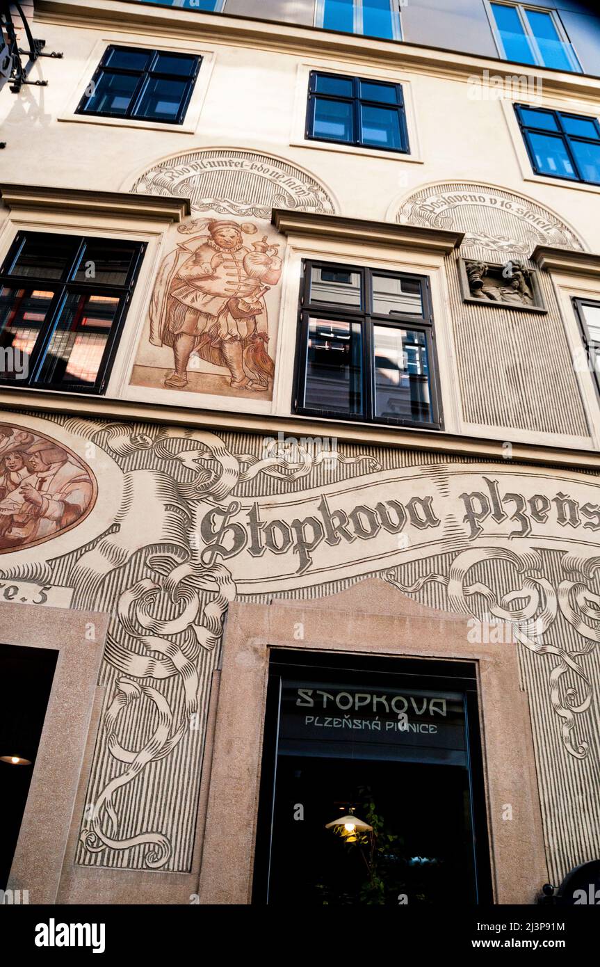 Pub on Česká street sgraffito facade in Brno, Czech Republic. Stock Photo