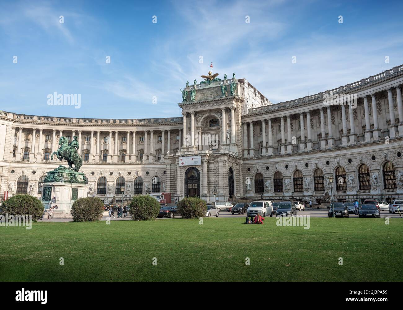 Heldenplatz Square with Hofburg Palace Neue Burg and Prince Eugene Statue - Vienna, Austria Stock Photo