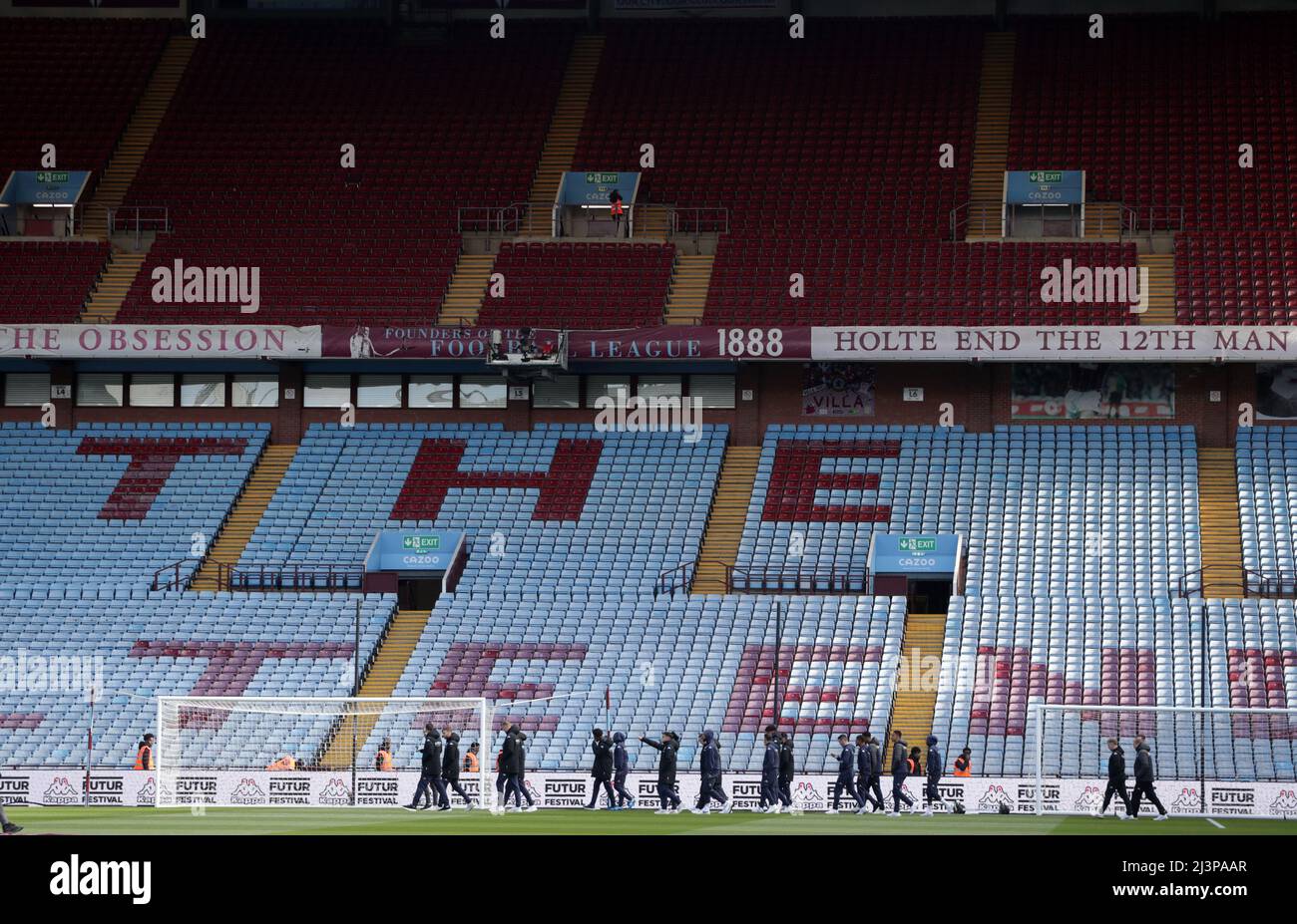Villa Park. 9th Apr, 2022. Premiership football, Aston Villa versus Tottenham Hotspur; Aston Villa players pass the Holte End as they walk a lap of the pitch prior to the match Credit: Action Plus Sports/Alamy Live News Stock Photo