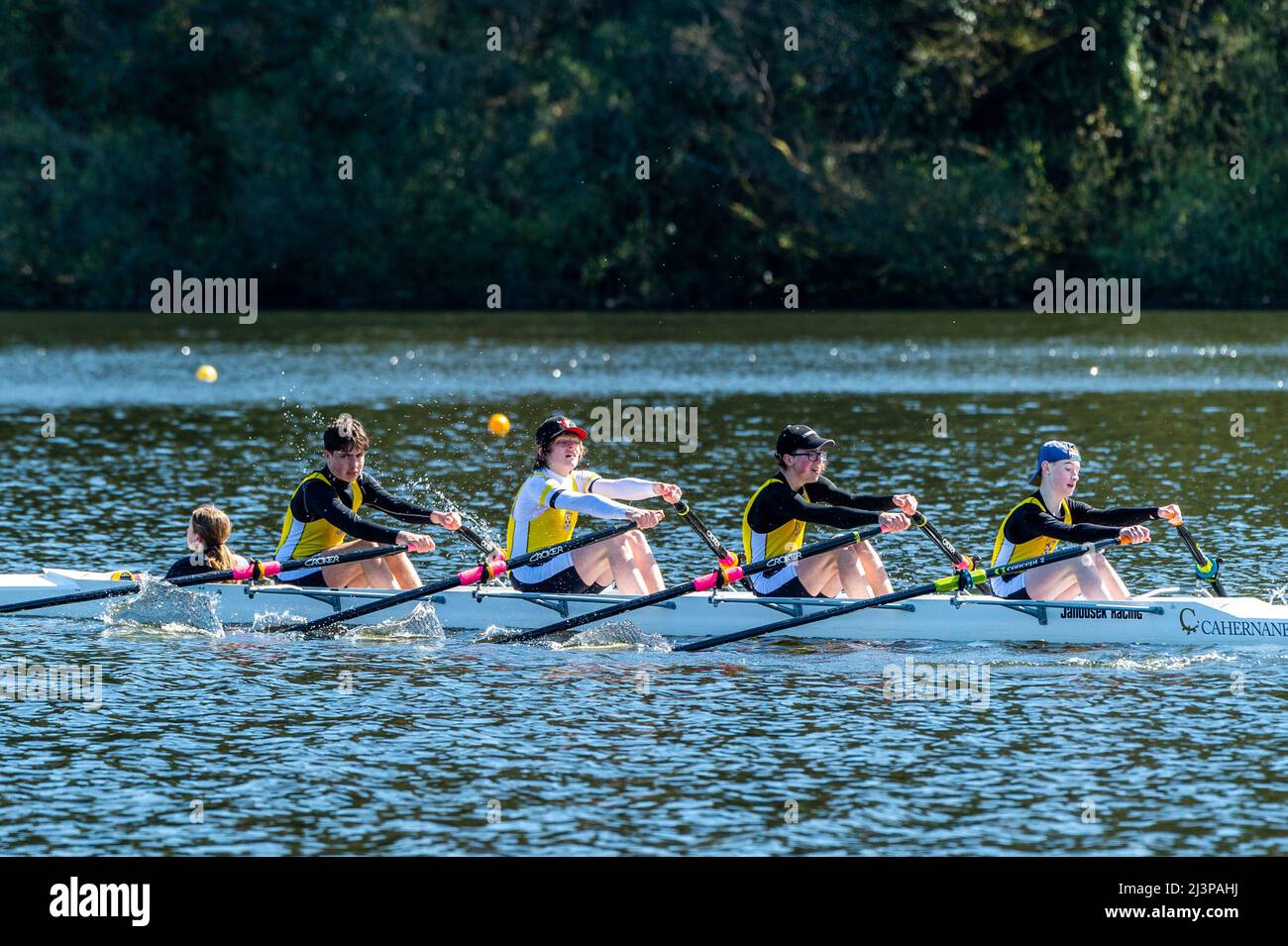 Drinagh, West Cork, Ireland. 9th Apr, 2022. Skibbereen Rowing Club held a 1km regatta on Drinagh lake today. Clubs attended from across Munster on what was a very sunny and warm day. Muckross 'A' Coxed Quads competes in a J15 race. Credit: AG News/Alamy Live News Stock Photo