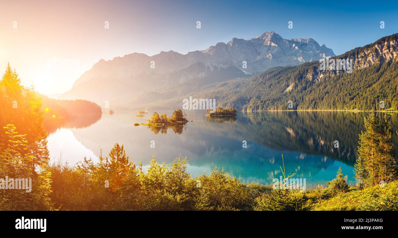 View of the islands and turquoise water at Eibsee Lake at the foot of ...