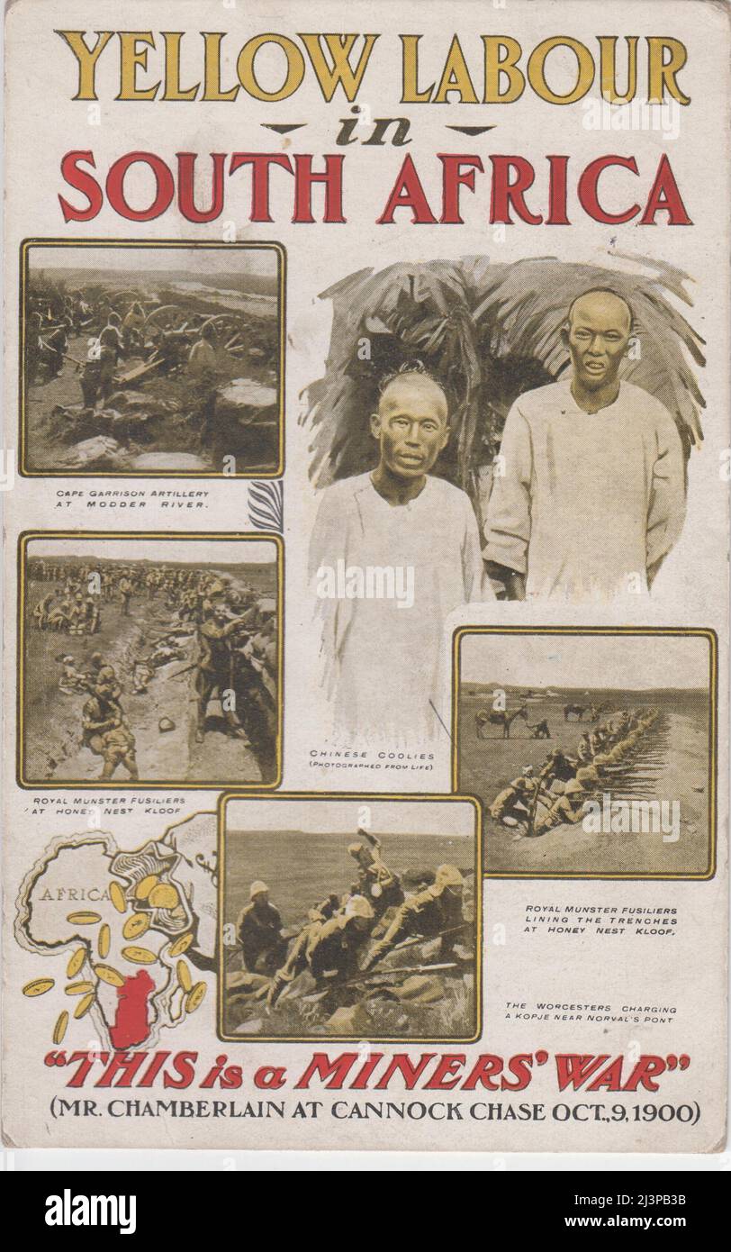 'Yellow labour in South Africa'. Postcard from the 1906 general election campaign in Britain, using racist language against Chinese workers. It includes images of British soldiers fighting in the Boer War & a quote from a Joseph Chamberlain speech at Cannock Chase in 1900 ('This is a miners' war'). One of the issues during the 1906 election was the employment of indentured Chinese workers in South African mines after the end of the Boer War, instead of the work going to British labourers (as proposed during the war). Controversy over the issue contributed to the Conservative election loss Stock Photo