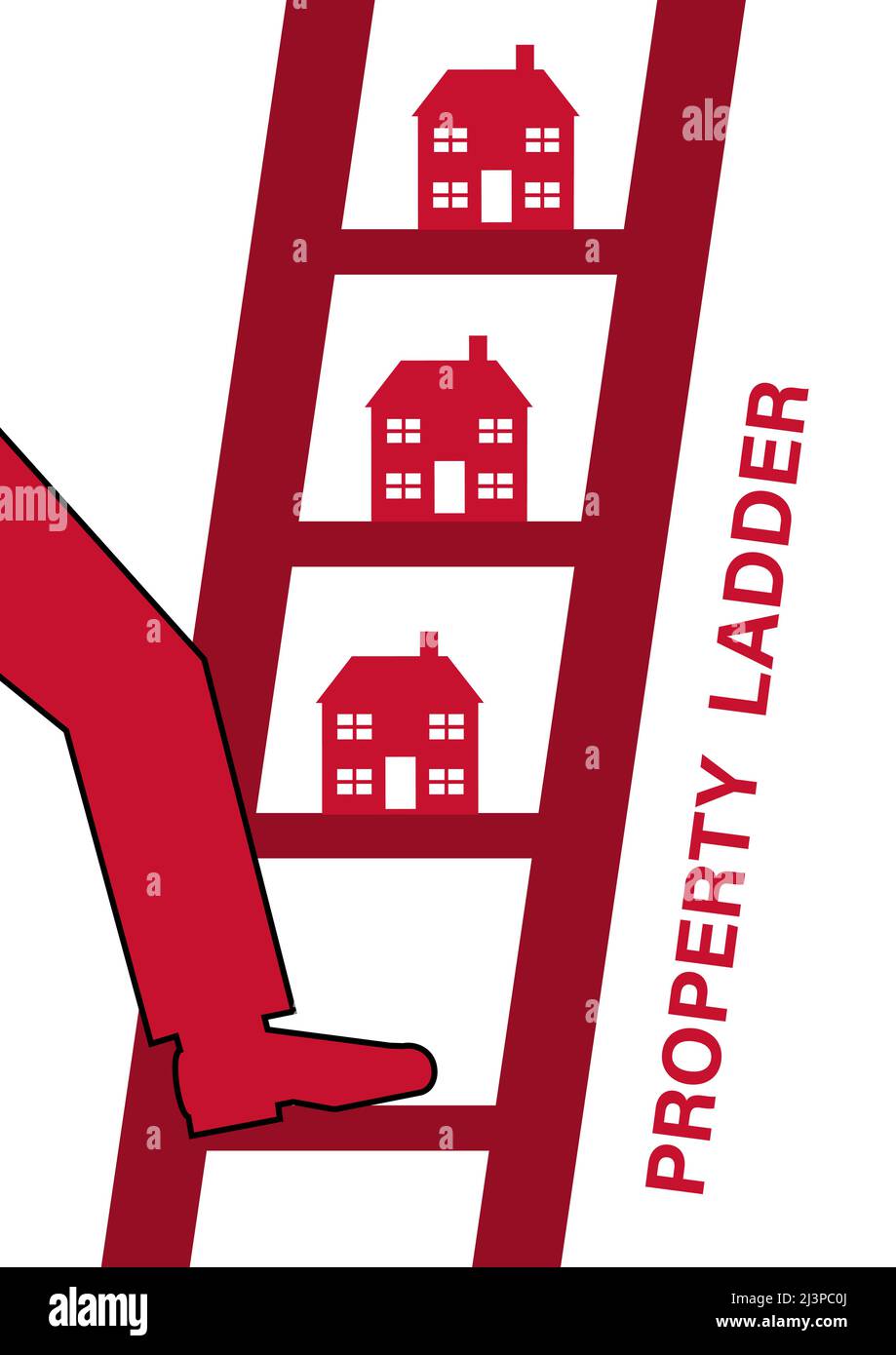 An illustration of a person putting his foot on a ladder with property on them.  A metphor on getting on the property ladder. Stock Photo