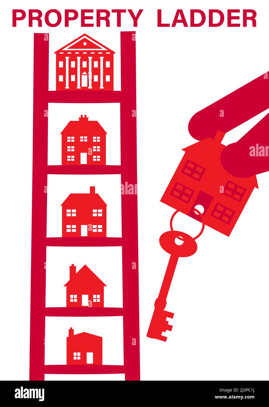A vector illustration of houses on the rungs of a ladder, gradually getting bigger on the way up. Stock Photo