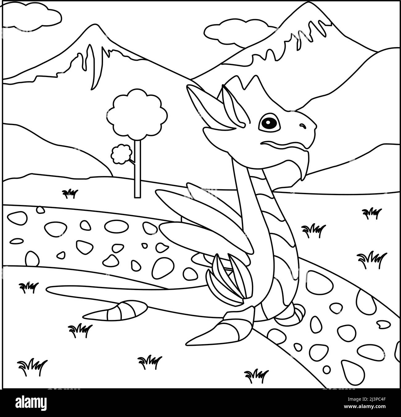 (Dragon Coloring Page: 28) Cute Dragon with nature, green grass, trees on background, vector black and white coloring page. Stock Vector