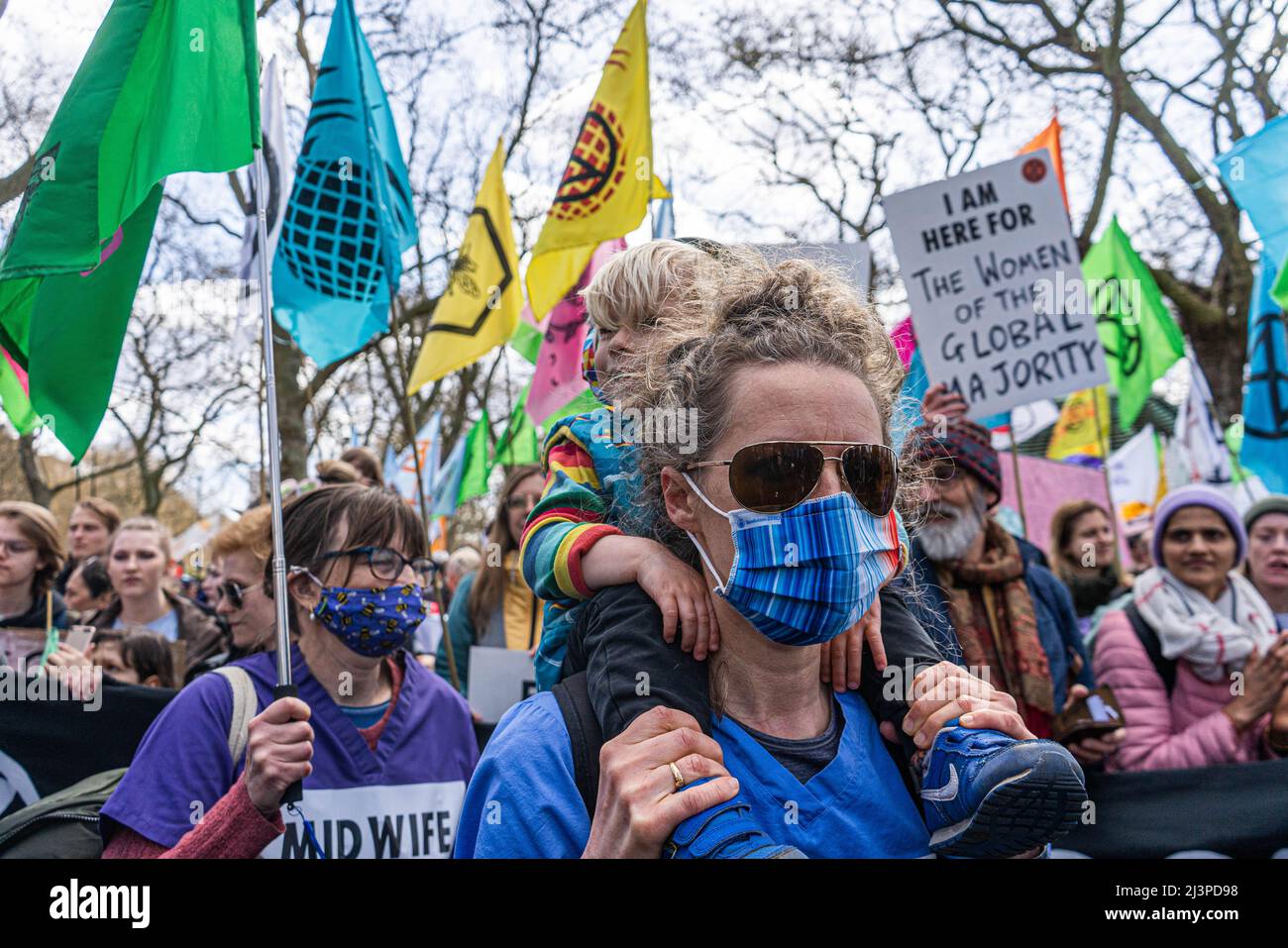 LONDON, UK. 9 April, 2022 . Hundreds of climate activists from Extinction Rebellion gather in Hyde Park before marching central London to demand climate justice and an end to the fossil fuel economy. Extinction Rebellion has vowed to bring more disruptive protests planned around Easter to London. Credit: amer ghazzal/Alamy Live News Stock Photo