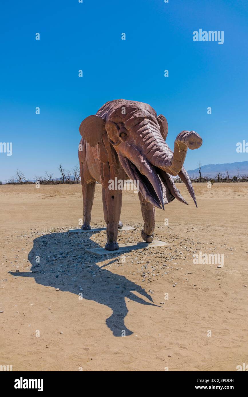 A steel sculpture of a life-sized Gomphothere (Gomphothere) an extinct animal that lived up to 9 million years ago in the Anza-Borrego Desert of South Stock Photo