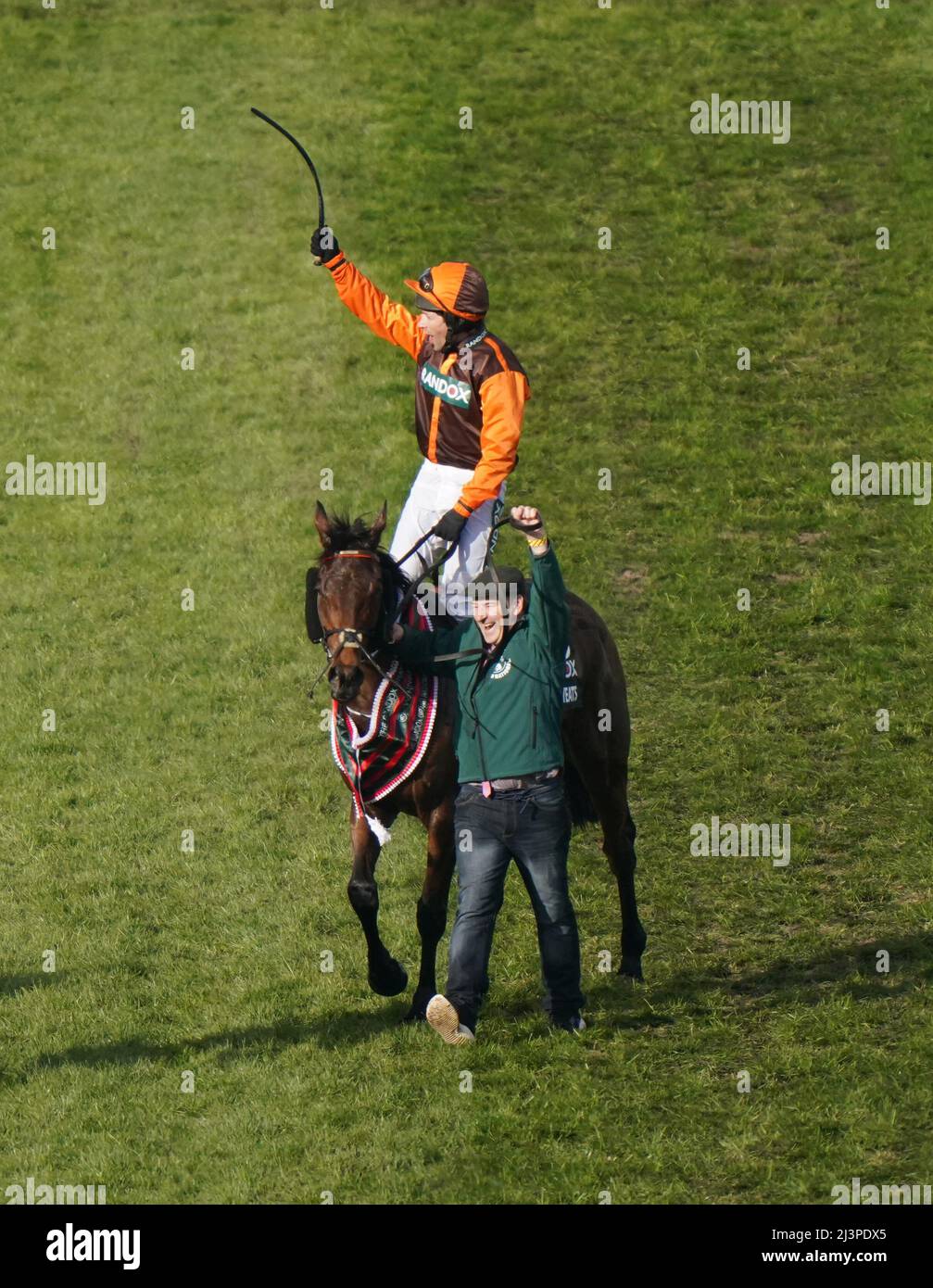 Noble Yeats ridden by Sam Waley-Cohen celebrates winning the Randox Grand National Handicap Chase during Grand National Day of the Randox Health Grand National Festival 2022 at Aintree Racecourse, Liverpool. Picture date: Saturday April 9, 2022. Stock Photo