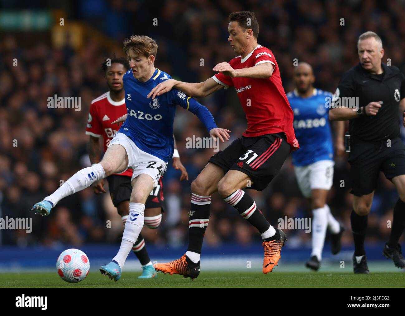 Liverpool, England, 9th April 2022.   Nemanja Matic of Manchester United challenges Anthony Gordon of Everton during the Premier League match at Goodison Park, Liverpool. Picture credit should read: Darren Staples / Sportimage Stock Photo