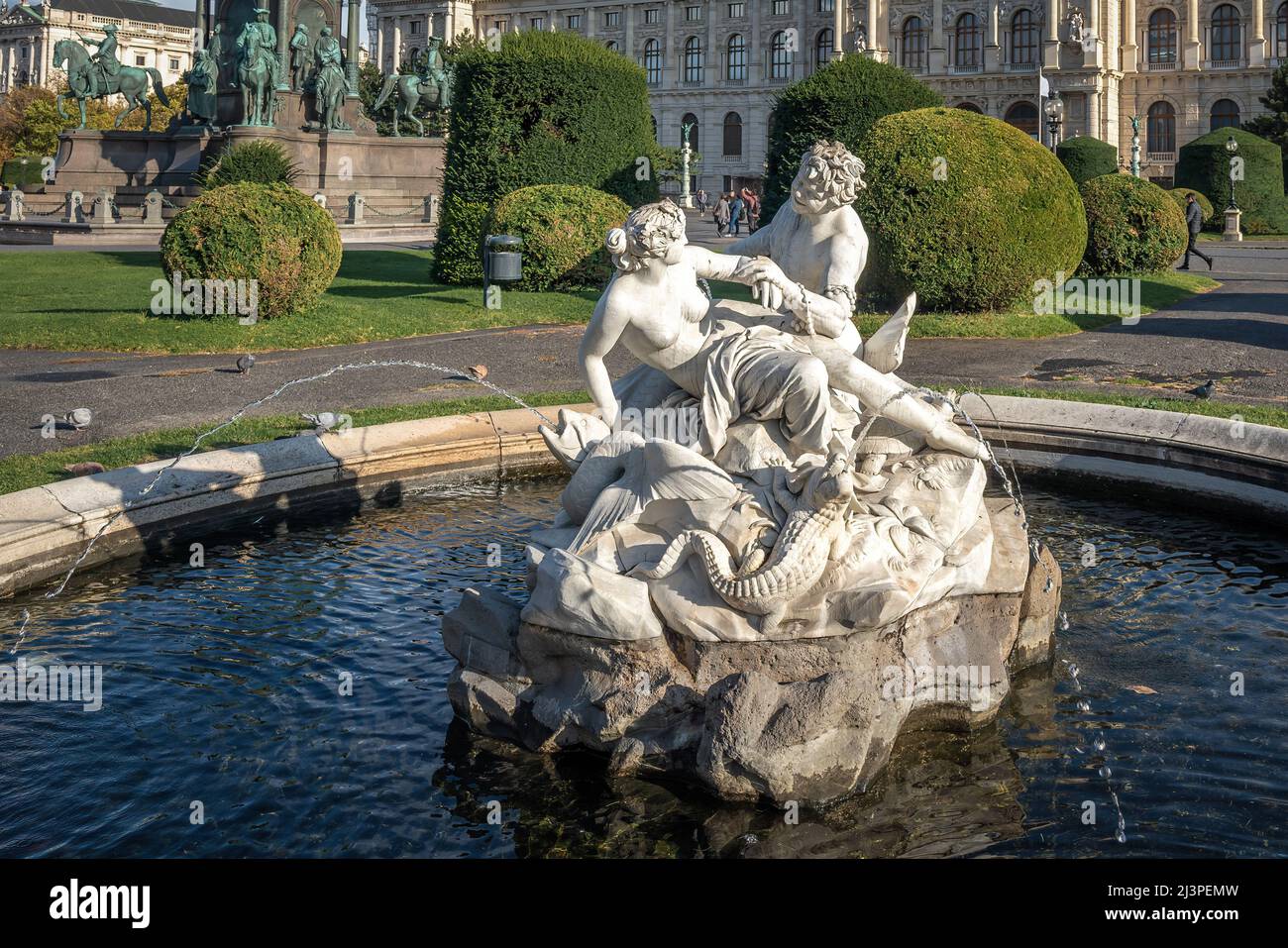 Triton and Naiad fountain at Maria Theresa Square (Maria Theresien Platz) by Hugo Haerdtl, 1894- Vienna, Austria Stock Photo