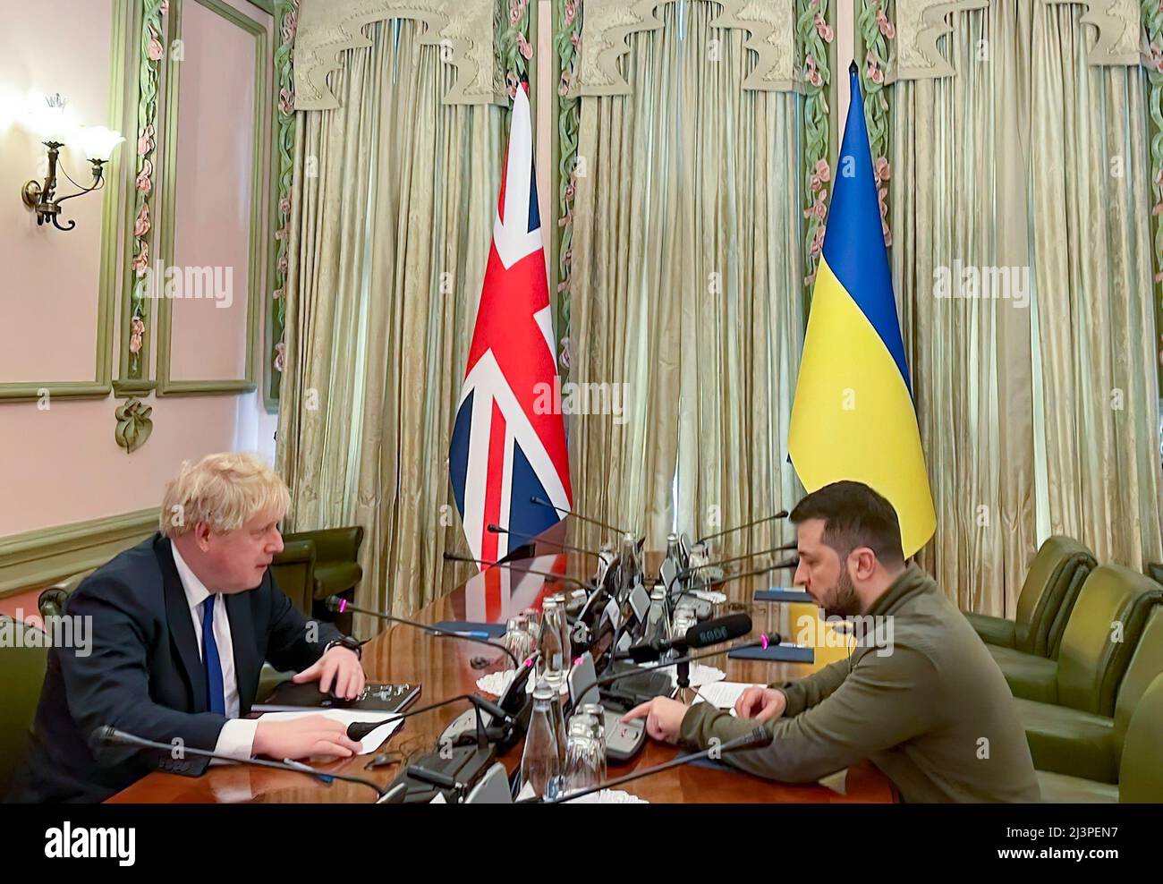 British Prime Minister Boris Johnson makes an unannounced visit to Kyiv, Ukraine for a meeting with Ukrainian President Volodymyr Zelensky.  PHOTO: Andrij Sybiha - The Ukraine Presidential Office/HO Stock Photo