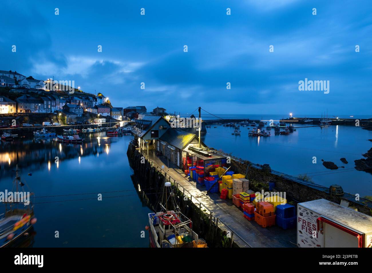 Uk fishing industry, mevagissey wet fish, early morning, mevagissey fishing harbour, cornwall Stock Photo