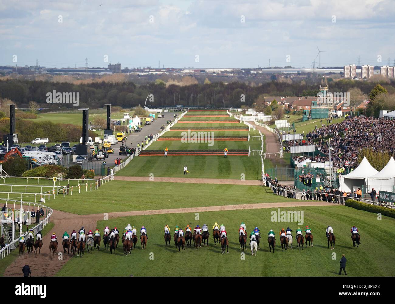 Runners and riders at the start of the Randox Grand National Handicap Chase during Grand National Day of the Randox Health Grand National Festival 2022 at Aintree Racecourse, Liverpool. Picture date: Saturday April 9, 2022. Stock Photo