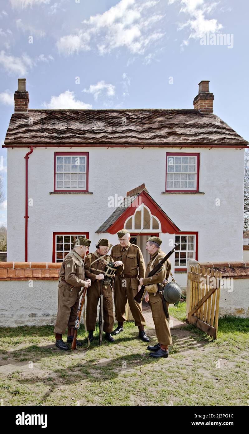 9th April 2022, Buckinghamshire, UK, re-enactors portray people of past events. The Oxfordshire Home Guard with their radio operator using a British Army wireless set WS38 Mk2 Stock Photo