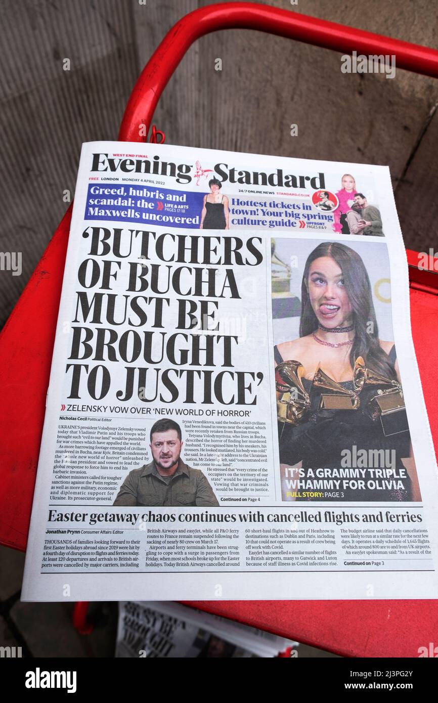 'Butchers of Bucha Must be Brought to Justice' Evening Standard newspaper headline front page 4 April 2022 London England UK Stock Photo