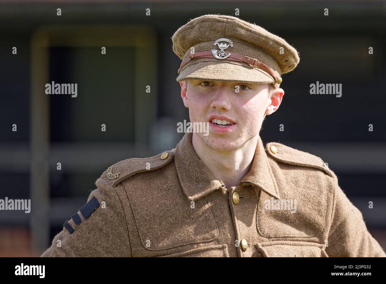9th April 2022, Buckinghamshire, UK, re-enactors portray people of past events. Members of the West Country Tommies WW1 Re-enactors characterise Somerset Light Infantrymen complete with Jellalabad cap badge. Stock Photo
