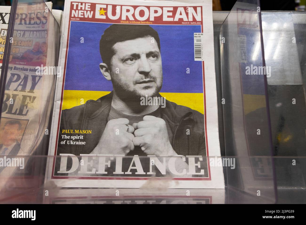 The New European newspaper headline Ukraine war Volodymyr Zelenskiy  front page 'DEFIANCE' on 4 April 2022 London England UK Stock Photo