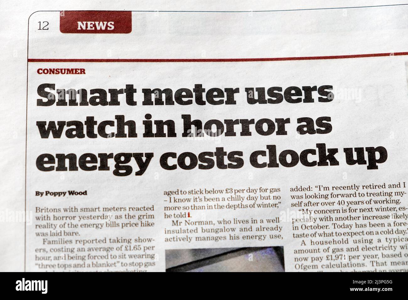'Smart meter users watch in horror as energy costs clock up' consumer news article clipping i newspaper headline 2 3 April 2022 London UK Stock Photo