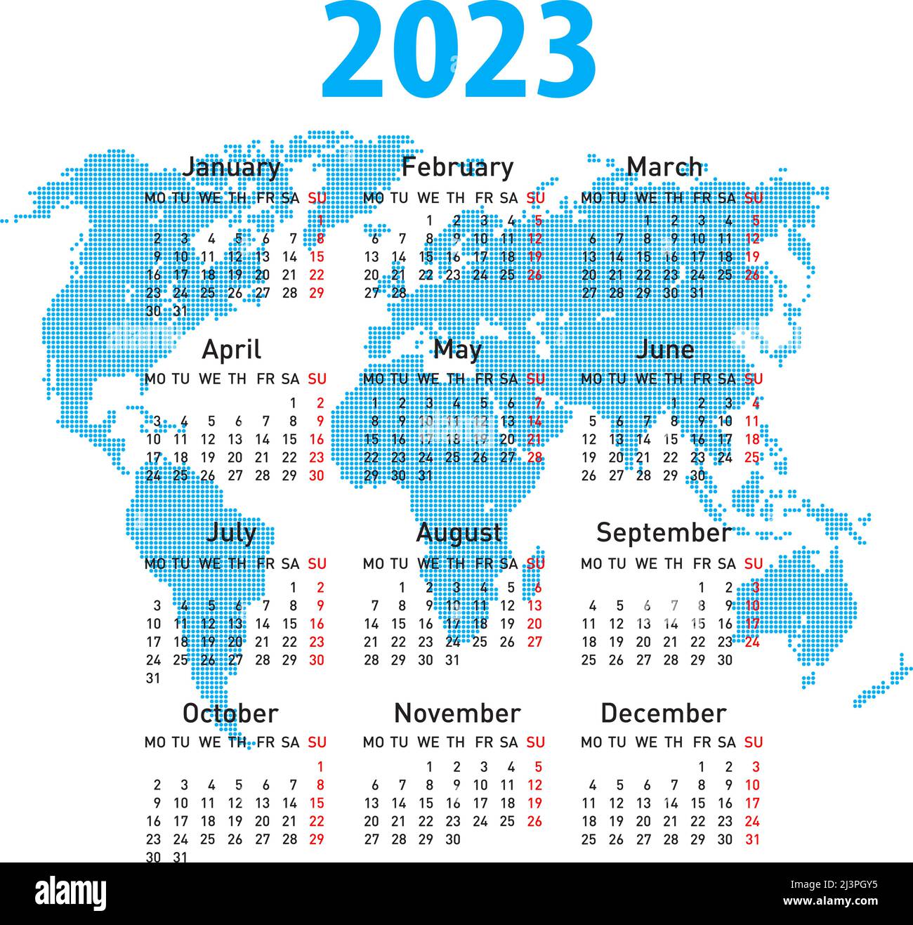 calendar 2023 with world map. Week starts on Monday Stock Vector Image