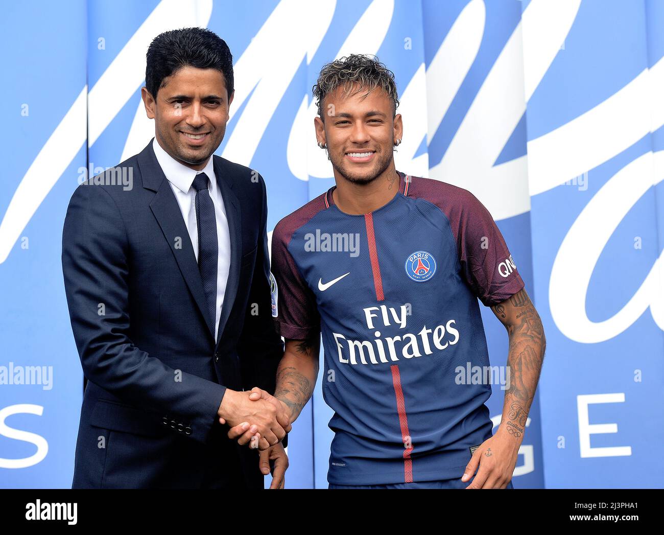 Neymar signing as new player from FC Barcelona to Paris Saint Germain with  President of PSG Nasser Al-Khelaifi Stock Photo - Alamy