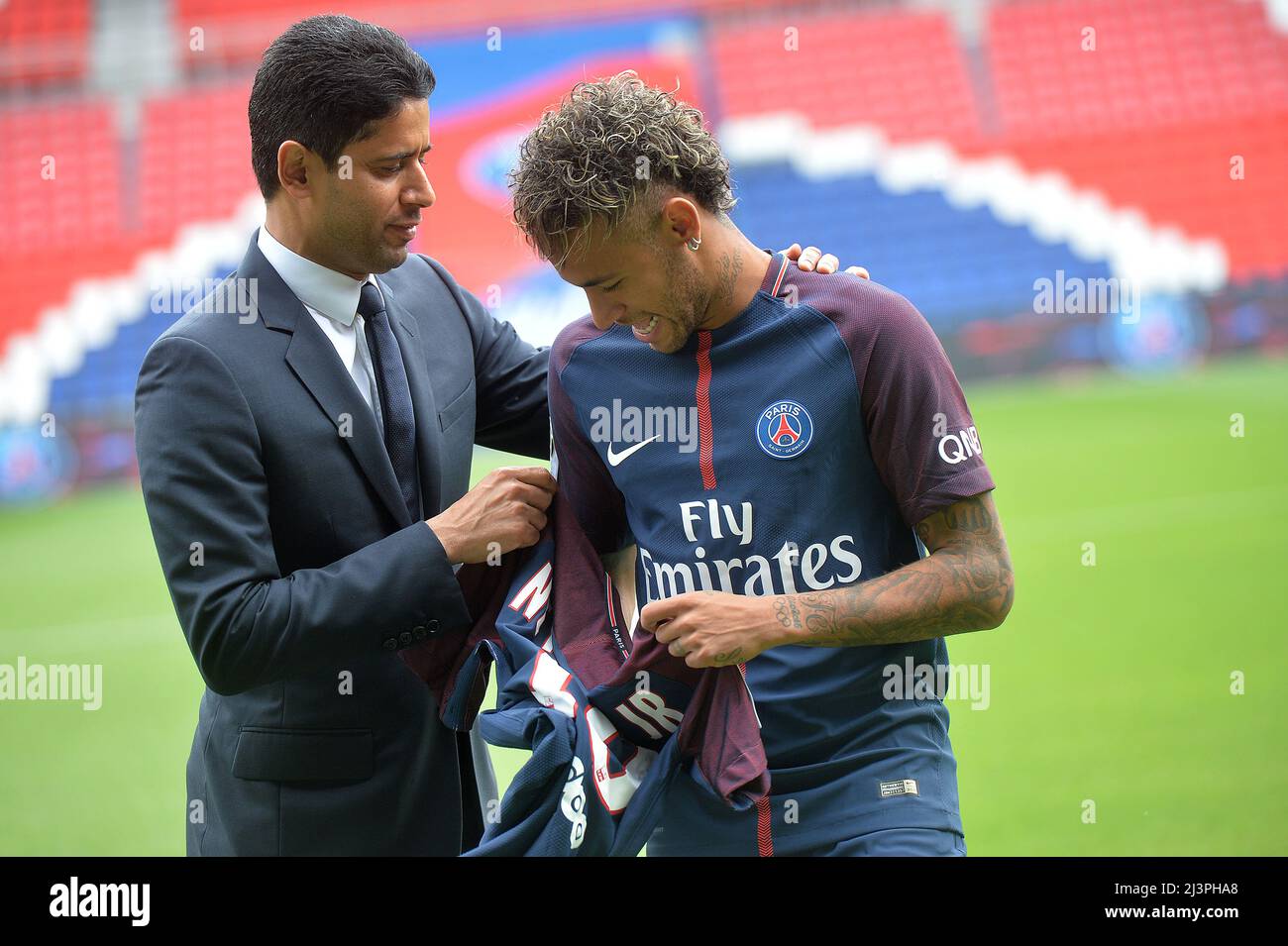 Neymar signing as new player from FC Barcelona to Paris Saint Germain with President of PSG Nasser Al-Khelaifi Stock Photo