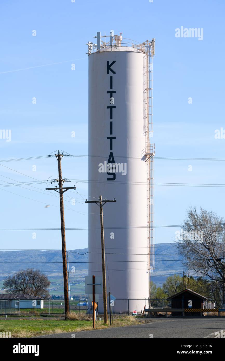 Kittitas, WA, USA - April 07, 2022; Water tank in the Central Washington city of Kittitas in the county of the same name against a blue sky Stock Photo