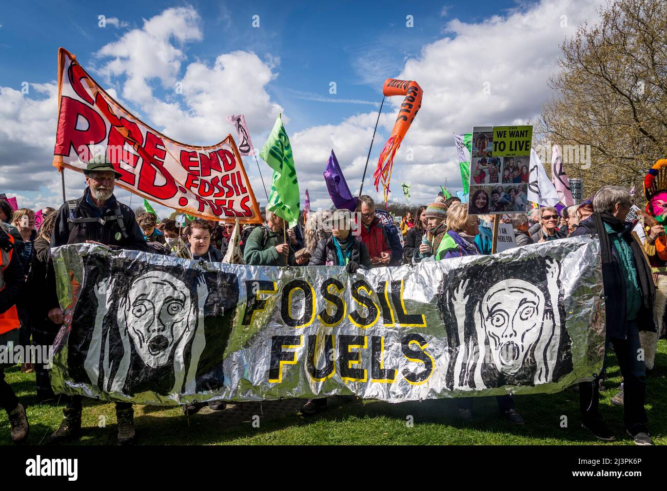Banner calling for End of fossil fuels, We Will Not Be Bystanders, an