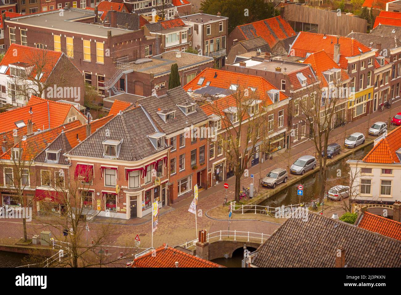 Delft, Netherlands April 6, 2016 Aerial panoramic downtown street