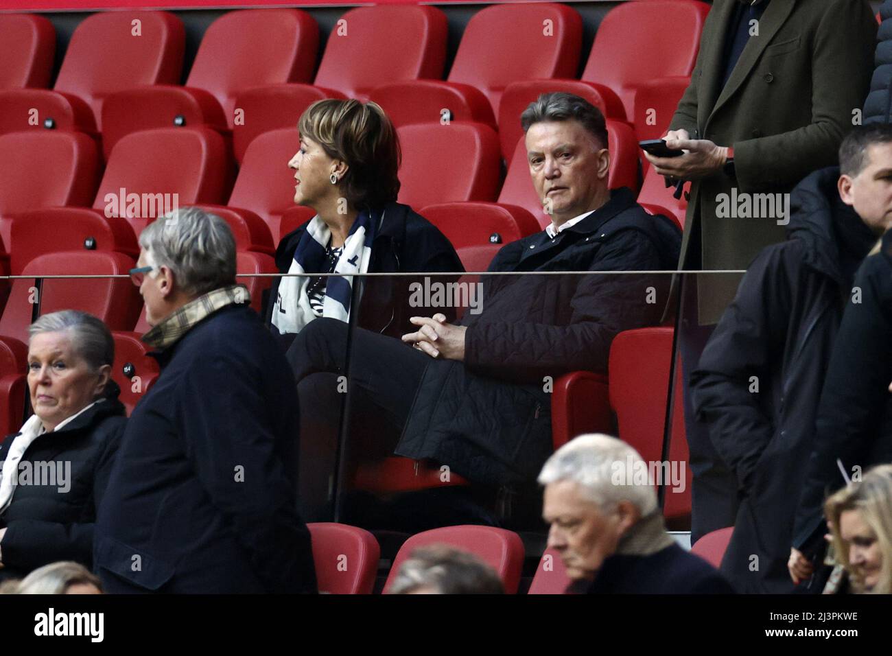 AMSTERDAM - Louis van Gaal with Truus in the stands during the Dutch Eredivisie match between Ajax and Sparta Rotterdam at the Johan Cruijff ArenA on April 9, 2022 in Amsterdam, Netherlands. ANP MAURICE VAN STEEN Stock Photo