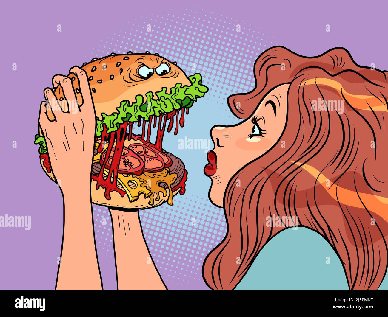 Monster burger character bites a woman in a restaurant, Fast food humor Stock Vector