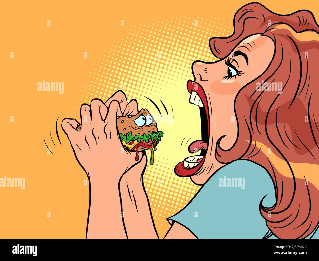 Woman bites cute burger character in restaurant, Fast food humor Stock Vector
