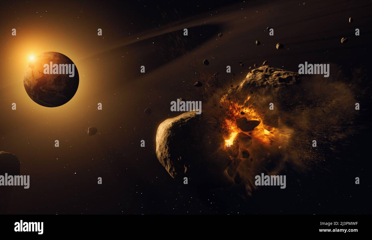 A burning meteorite heading towards the earth during sunsrise.  An asteroid flies near the earth orbit. Elements furnished by NASA. Stock Photo