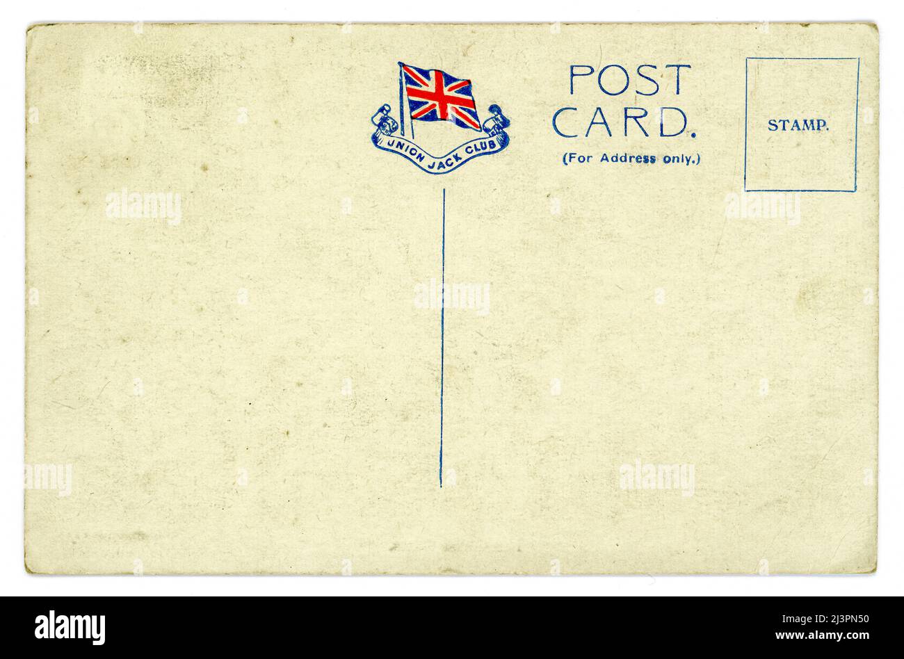 Original WW1 era postcard with the Union Jack Club logo, 91A Waterloo Road, Lambeth, London, U.K. The Union Jack Club was opened in 1907 providing accommodation, a restaurant, meeting and reading rooms for servicemen whilst in London. It saw much use during both world wars. Postcard published by the Union Jack Club. circa 1915. Stock Photo
