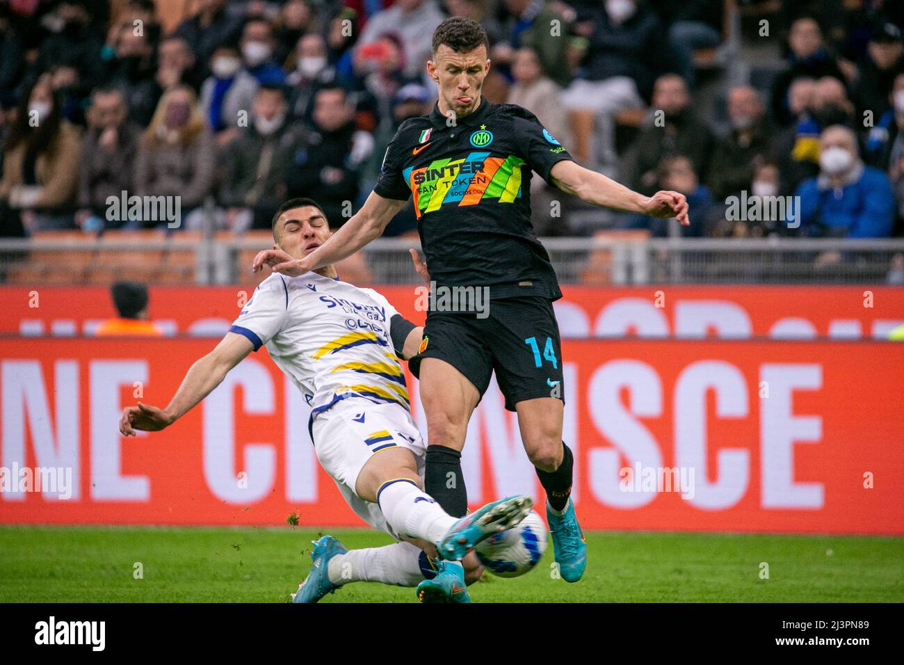 Milan, Italy - april 10  2022 - Inter-Hellas Verona serie A - perisic ivan f.c. internazionale and sutalo bosko hellas verona Stock Photo