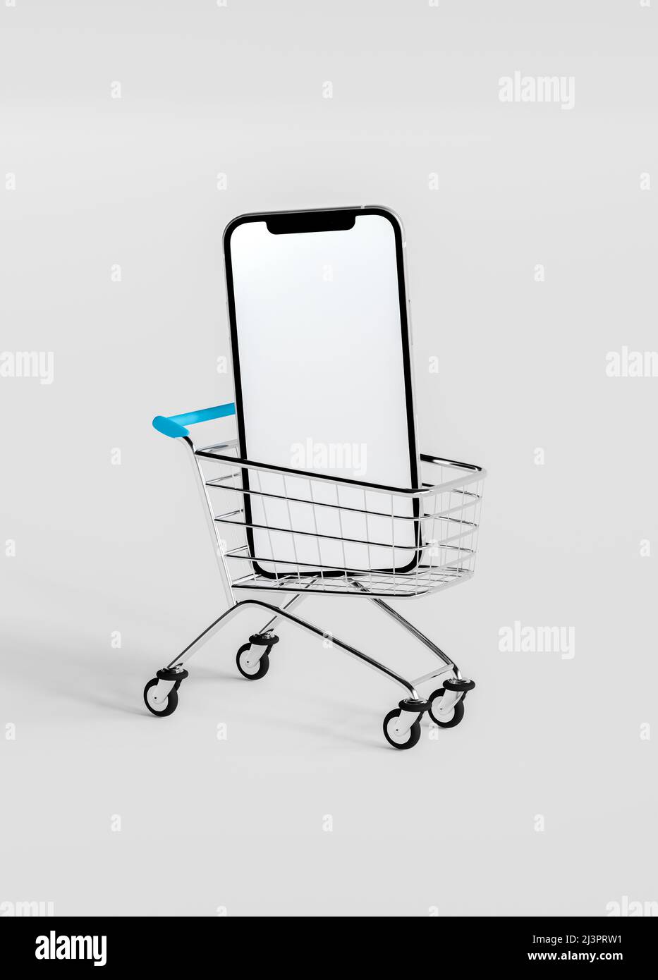 Realistic smart mobile phone in shopping cart isolated on grey background. Provide home delivery and online shopping concept. 3d render. Stock Photo