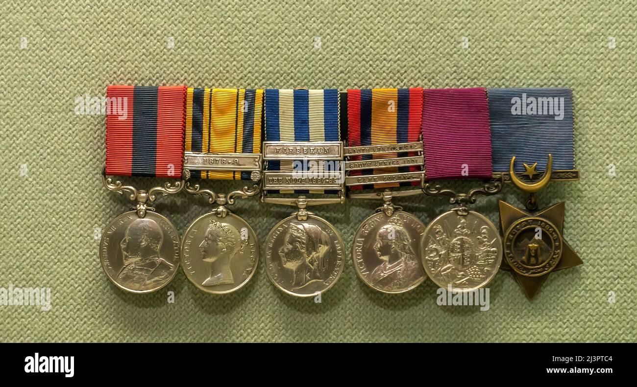 Medals on display in the Staffordshire Regiment Museum, Staffordshire, England, UK Stock Photo