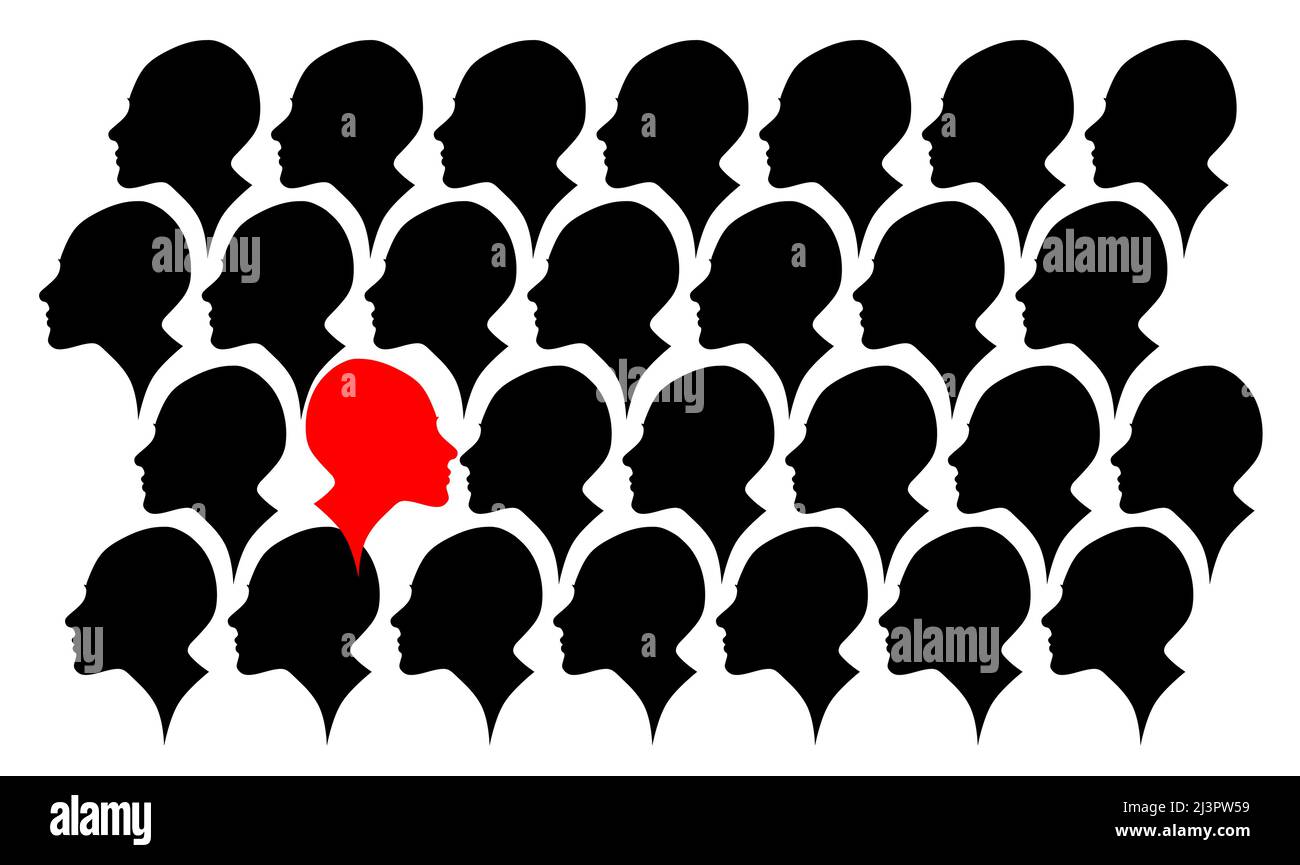 Standing out from the crowd. The profile silhouette looks in the opposite direction than all the others. Concept of thinking different. Stock Vector