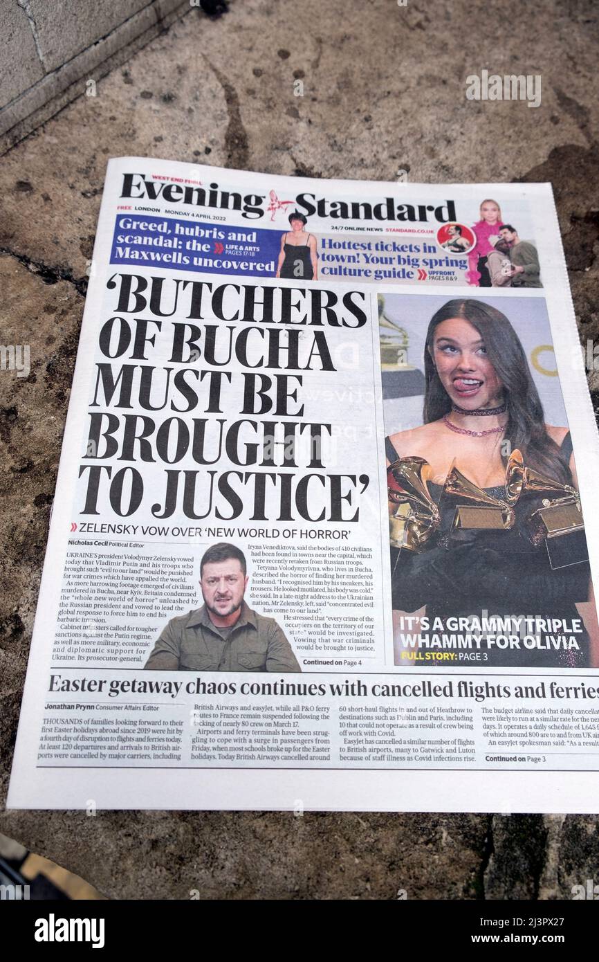 'Butchers of Bucha Must be Brought to Justice' Evening Standard newspaper headline Volodymyr Zelensky front page 4 April 2022 London England UK Stock Photo