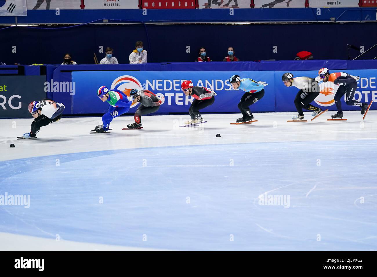 MONTREAL, CANADA - APRIL 9: June Seo Lee of the Republic of Korea, Luca Spechenhauser of Italy, Pascal Dion of Canada, Furkan Akar of Turkey, Stijn Desmet of Belgium, Shaoang Liu of of Hungary and Sjinkie Knegt of the Netherlands competing in the mens 1500m final A during Day 2 of the ISU World Short Track Championships at the Maurice Richard Arena on April 9, 2022 in Montreal, Canada (Photo by Andre Weening/Orange Pictures) Stock Photo