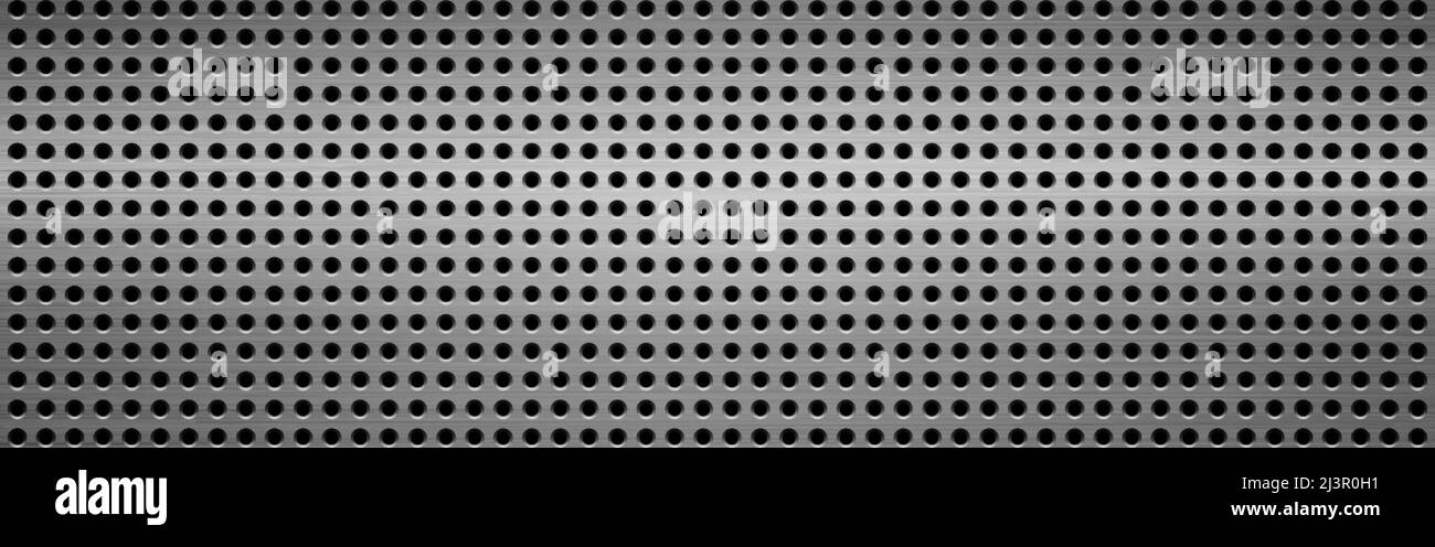 Perforated metal sheet. Wide steel texture with dots. Silver metallic background. Shiny speaker backdrop template. Gray chrome material. Vector Stock Vector