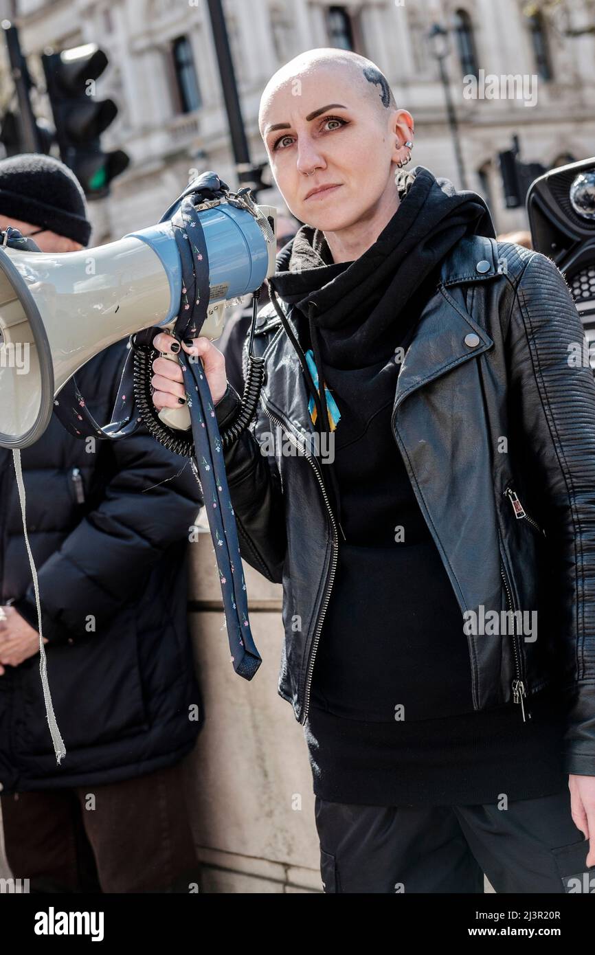 London, UK 9th April 2022. UK trade unions rally in solidarity with Ukraine. Russian anti-Putin campaigner, Irina Holliday addresses the rally in Whitehall.. Stock Photo