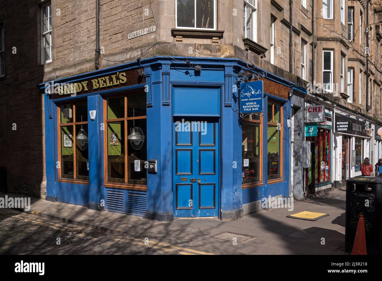 Sandy Bell's pub, a traditional Scottish folk music venue on Forrest Road in Edinburgh's Old Town. Stock Photo