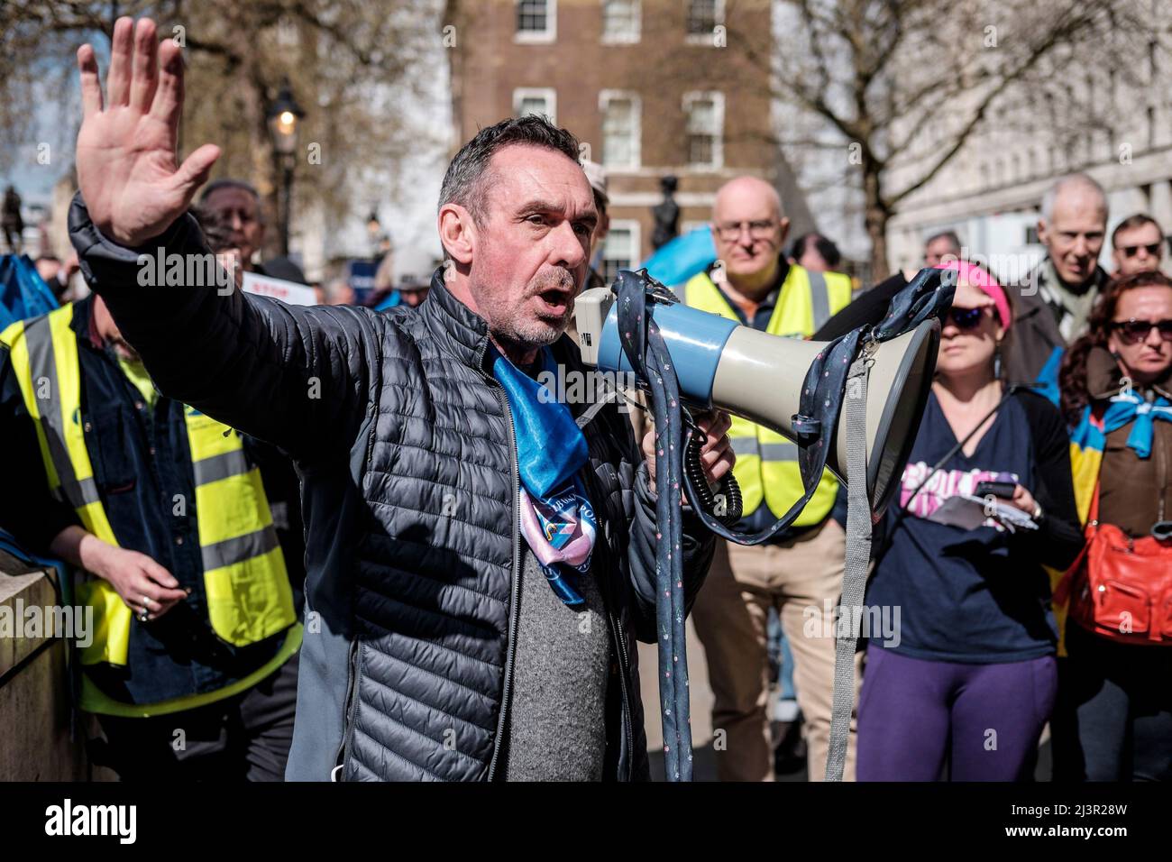 London, UK 9th April 2022. Writer and broadcaster Paul Mason addresses a UK trade unions rally in solidarity with Ukraine. Whitehall, London. Stock Photo