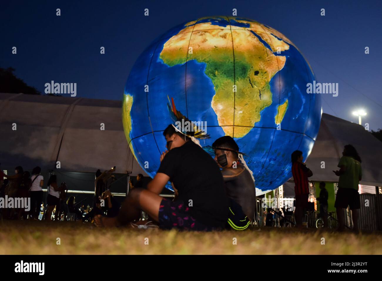 The 18th Indigenous Free Land Camp (Acampamento Terra Livre) entered its 5th day of event in Brasília, DF, Brazil, on April 8, 2022. The event happens annually, aiming to give visibility to the Indigenous fight for their constitutional rights.  (Photo by Antonio Molina/Fotoarena/Sipa USA) Stock Photo