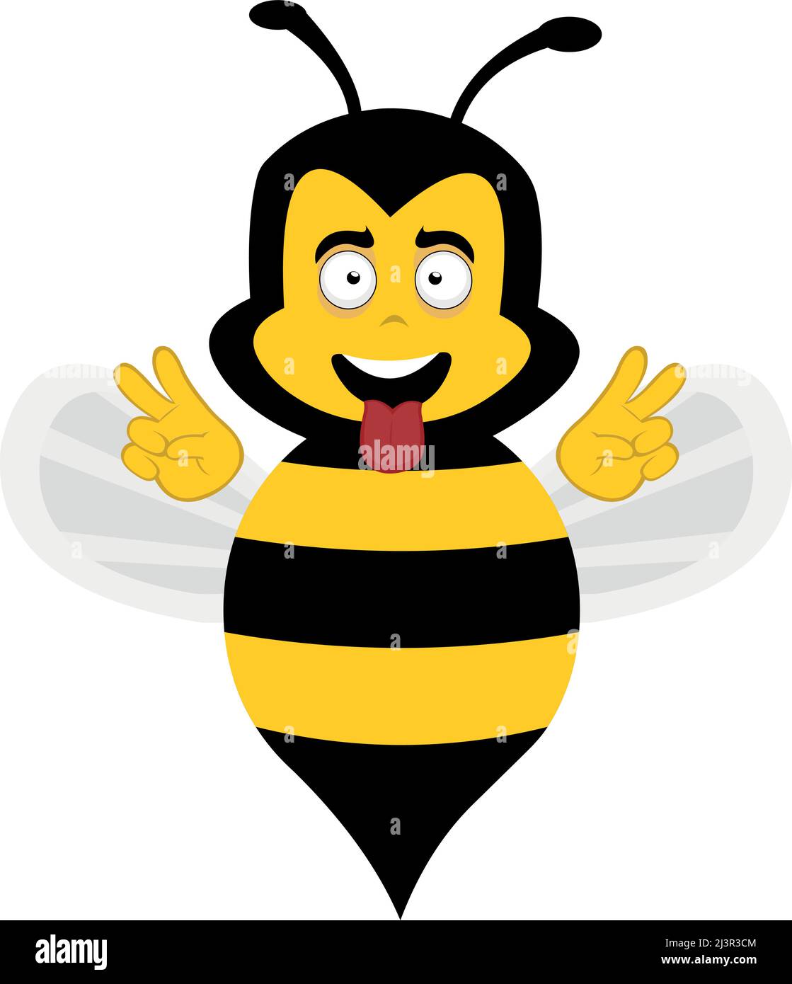 Vector illustration of a nice cartoon bee, with his tongue out, making the classic gesture of love and peace or v victory with his hands Stock Vector