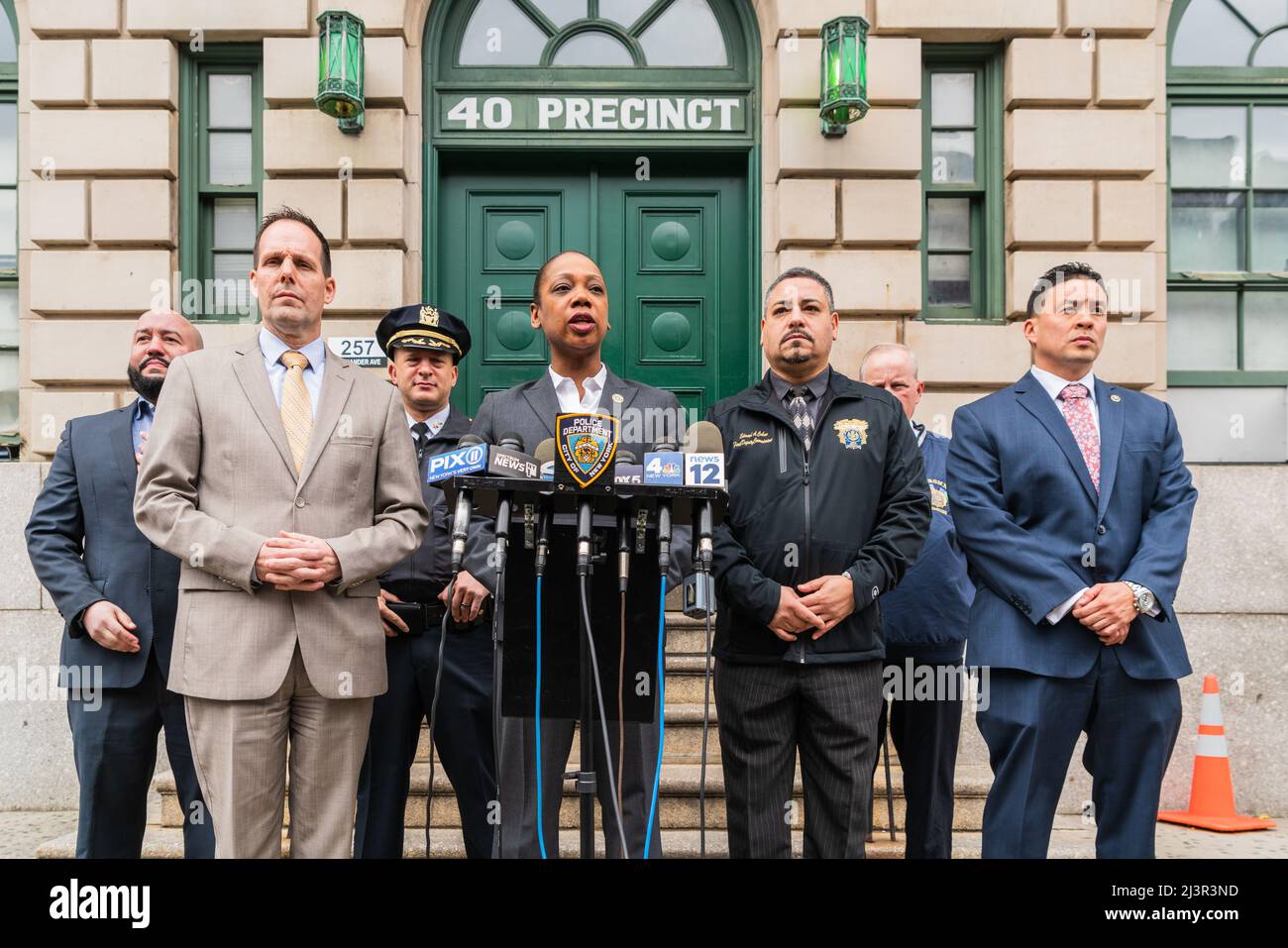 Bronx, USA. 09th Apr, 2022. Police Commissioner Keechant L. Sewell, Deputy Chief Tim McCormack and other NYPD Executives held a press conference at the 40th Precinct in the Bronx, New York, USA, on April 9, 2022 to announce that the police have arrested an 17 year old male responsible for the fatal shooting of a 16 year old girl and two others in the Bronx on April 8, 2022. (Photos by Steve Sanchez/Sipa USA). Credit: Sipa USA/Alamy Live News Stock Photo