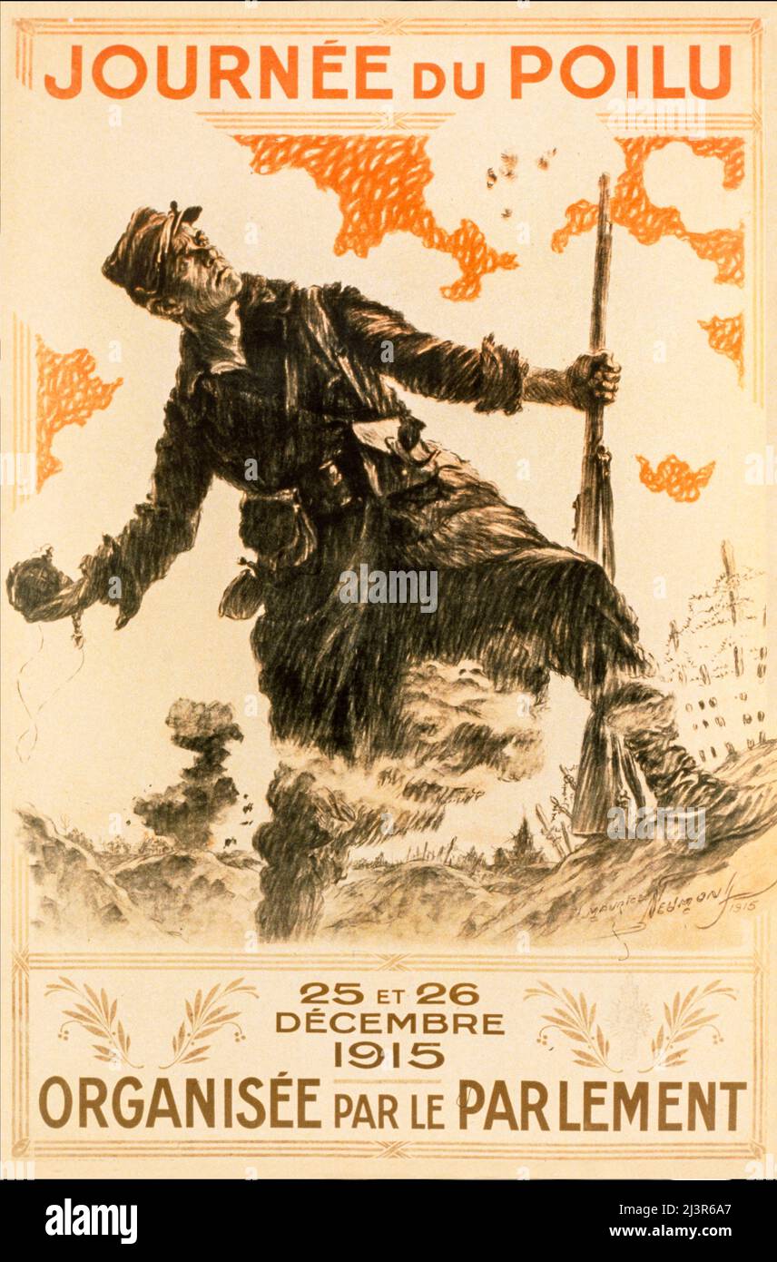 An early 20th century French advertising poster from World War One, 1914-1918, showing a French soldier standing on a battlefield holding a rifle and about to throw a grenade. The use of the grenade was first introduced during WWI.  Artist Unknown Stock Photo