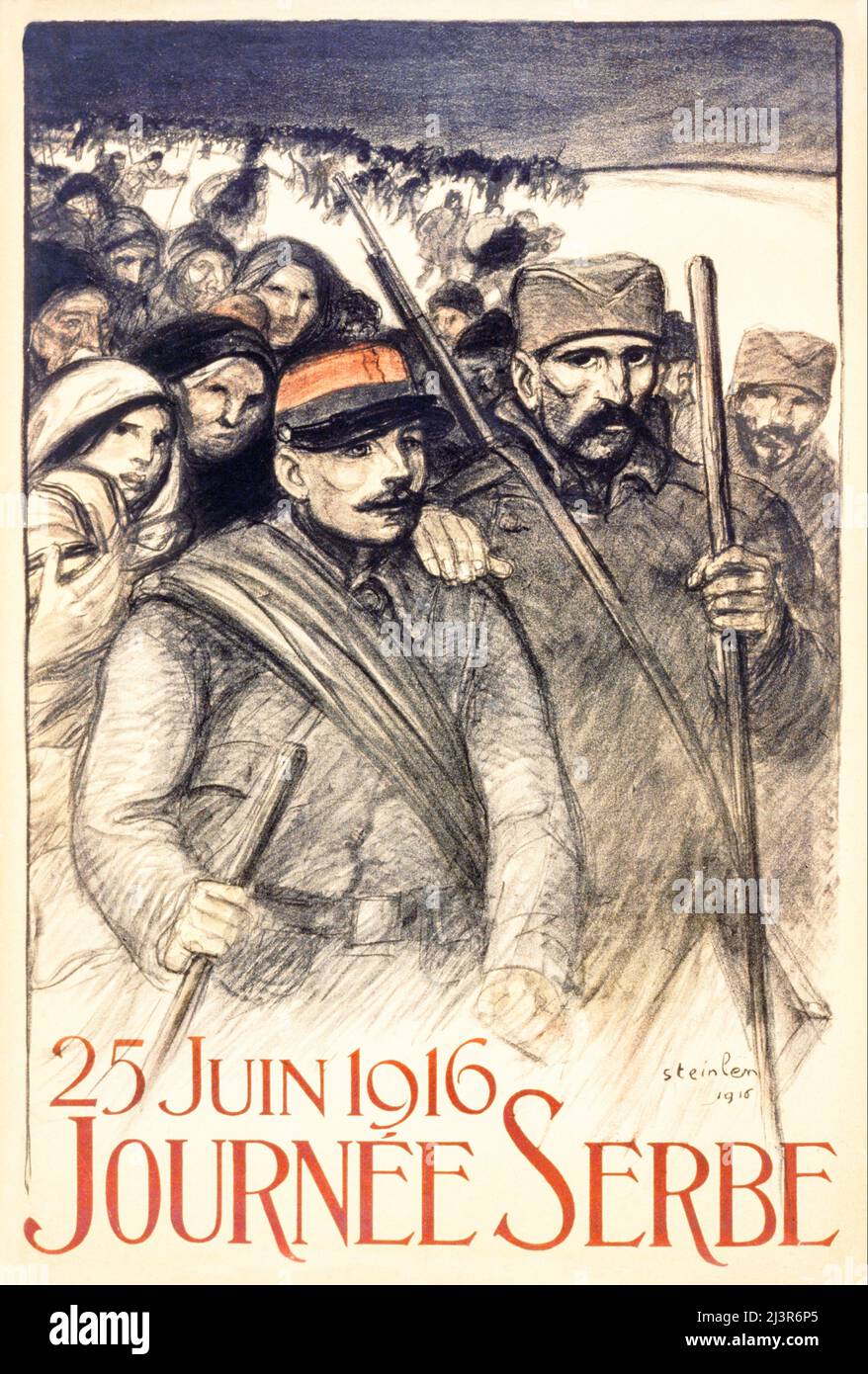 An early 20th century French advertising poster from World War One, 1914-1918, showing a group of Serbian civilians and soldiers after Belgrade fell and Serbia suddenly found itself surrounded by enemies. A decision was made to retreat to Greece through the mountains of Montenegro and Albania, the nearest of Serbia’s allies. Some 240,000 Serbians perished from weather, starvation, disease and military attack during the march. Artist Unknown Stock Photo