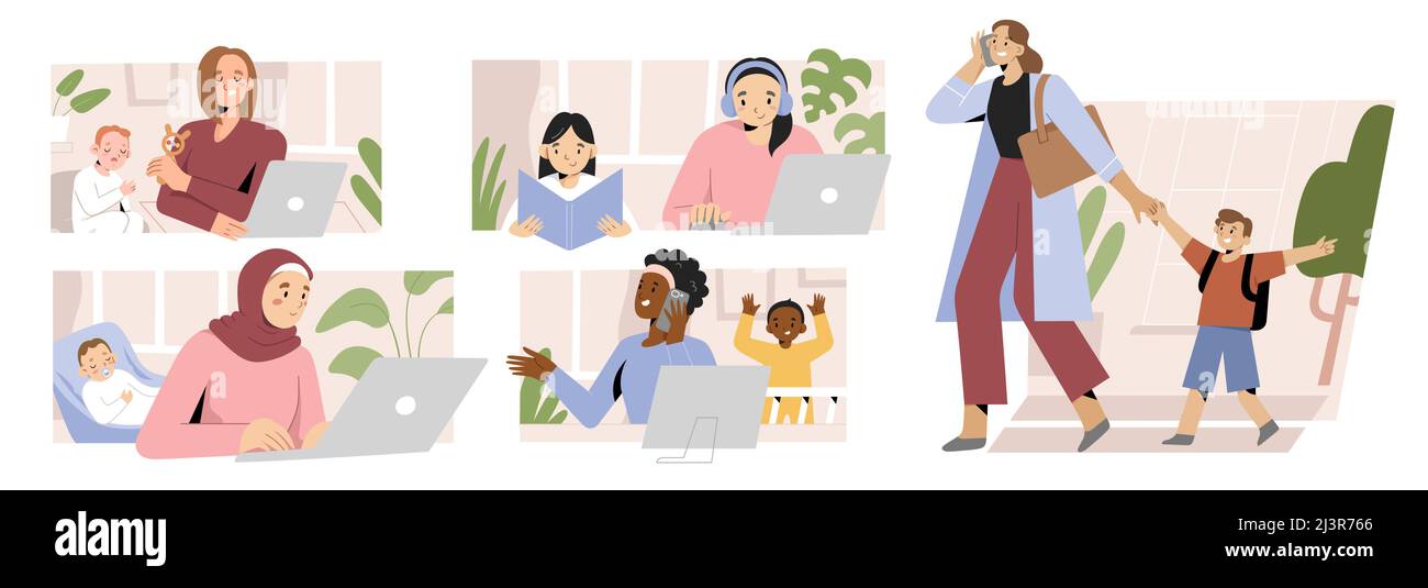 Mothers freelancers and businesswomen with children. Working at home office, using laptop, computer, talking on the phone, home schooling Stock Vector
