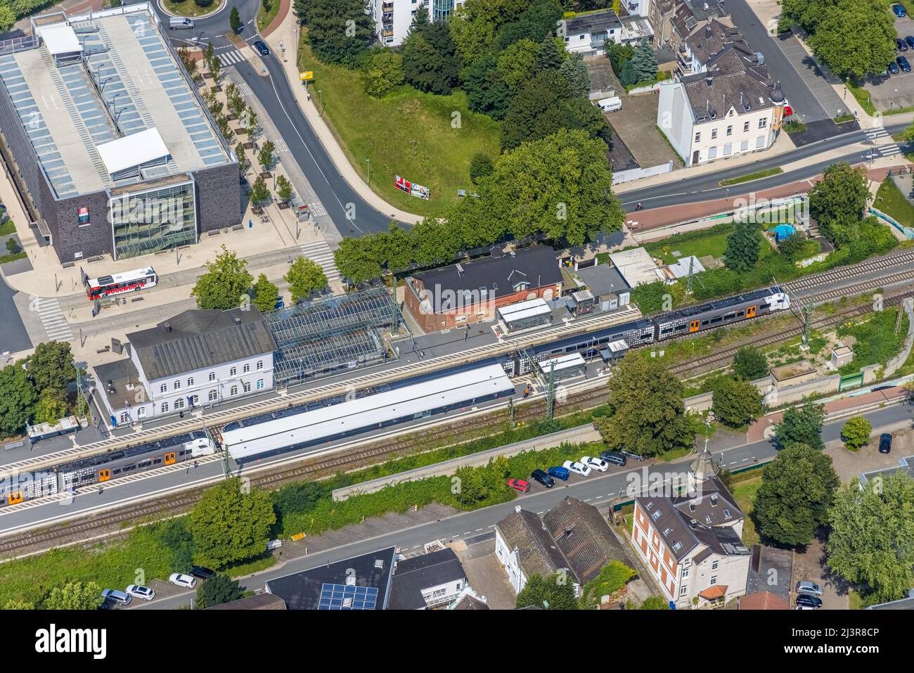 Aerial view, Kamen railway station with multi-storey car park in Kamen, Ruhr area, North Rhine-Westphalia, Germany, Luftbild, Bahnhof Kamen mit Parkha Stock Photo